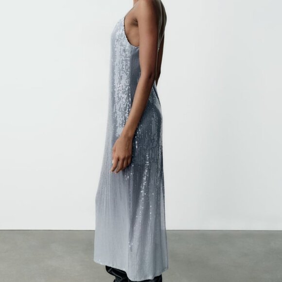 NWT SILVER DEGRADE SEQUIN MIDI SLIP DRESS - Picture 5 of 10